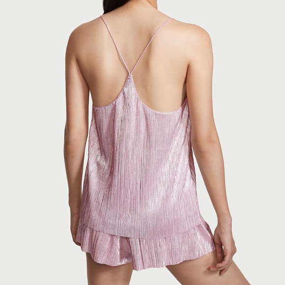 Victoria's Secret Plisse Satin Cami PJ Set Pink Flora/Silver Foil L NEW - Picture 3 of 3